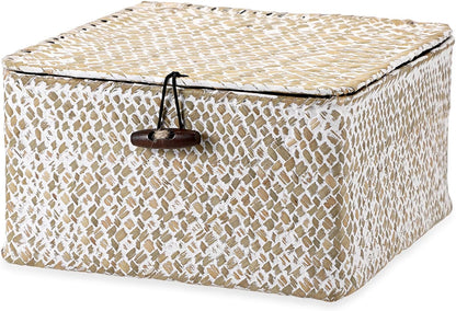 Hipiwe Seagrass Basket with Lid Wicker Storage Basket Square Handwoven Decorative Baskets Box for Shelf Multipurpose Household Baskets Home Decor,X-small