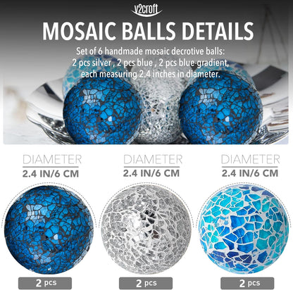 2.4 in Decorative Orbs Glass Balls Set of 6,Mosaic Sphere Globe for Whole Housewares,Wedding/Birthday,Bowls,Vases Dining Table Centerpieces (Gold)