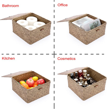 Hipiwe Seagrass Basket with Lid Wicker Storage Basket Square Handwoven Decorative Baskets Box for Shelf Multipurpose Household Baskets Home Decor,X-small