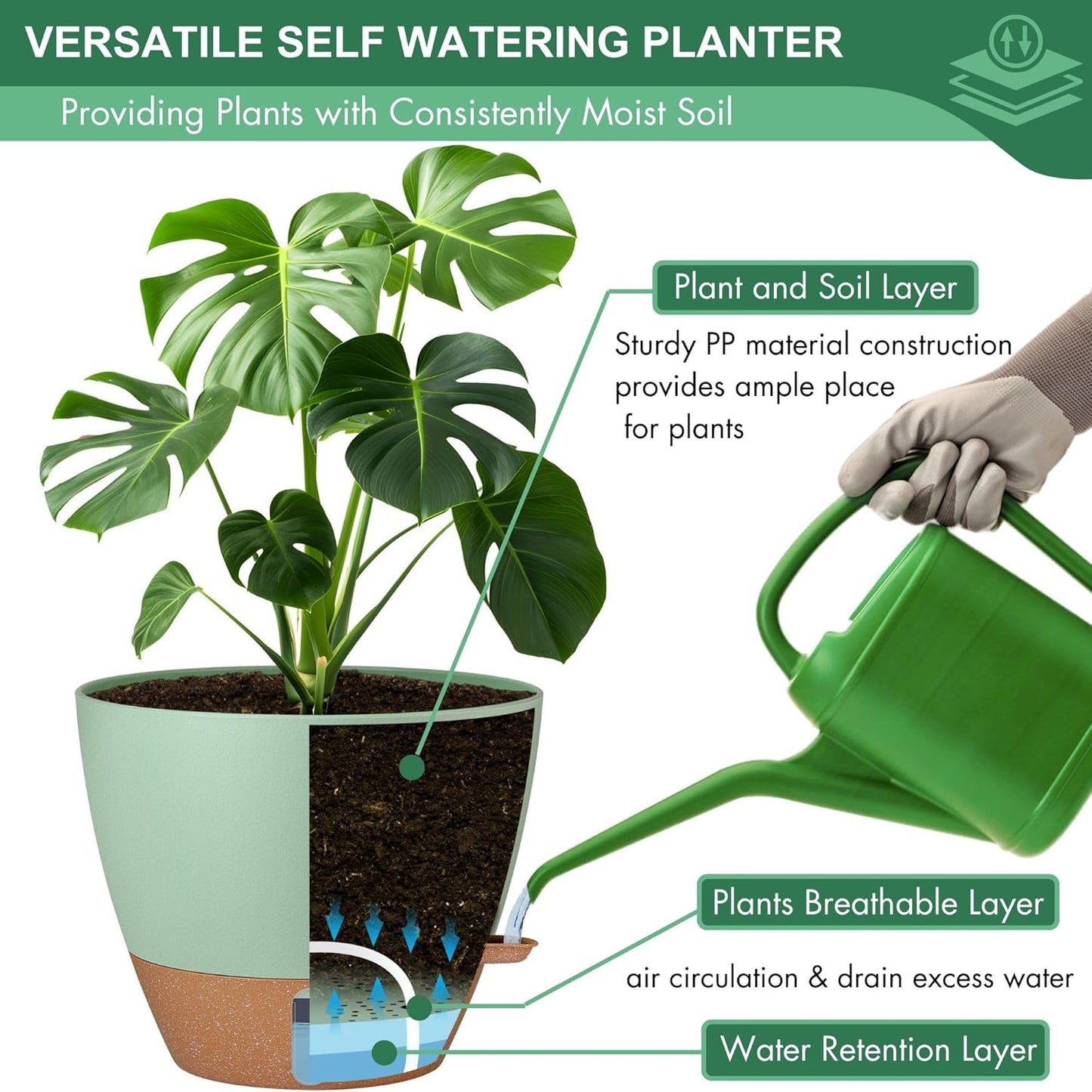 montresor 12/10/8 Inch Self Watering Pots for Indoor Plants Plastic Large Plant Pots for Outdoor Plants, Water Level Window & Spacious Reservoir Flower Pots Decorative Planter with Drainage and Tray