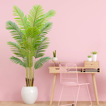 6FT Artificial Palm Tree Indoor with White Pot, Realistic Leaves, 15 Trunks Adjustable Branches, Tall Faux Fake Palm Plant, Ideal for Living Room Bedroom Office Home Interior Aesthetic Decor