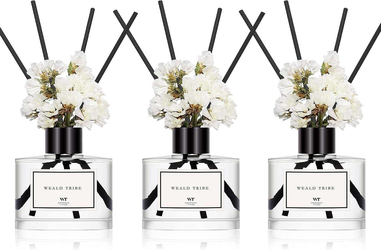 WEALD TRIBE Real Flower Reed Diffuser Set of 3 for Bathroom Air Fresheners, Oil Defusers | Fresh Linen/Ocean/Eucalyptus & Mint Scent(1.7 fl oz Each Pack) Home Fragrance with 12 Stick | Shelf Decor