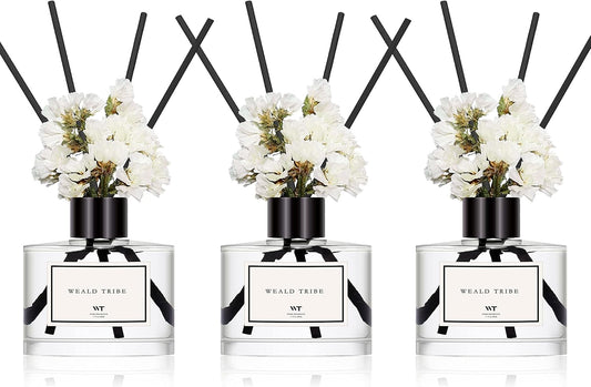 WEALD TRIBE Real Flower Reed Diffuser Set of 3 for Bathroom Air Fresheners, Oil Defusers | Fresh Linen/Ocean/Eucalyptus & Mint Scent(1.7 fl oz Each Pack) Home Fragrance with 12 Stick | Shelf Decor