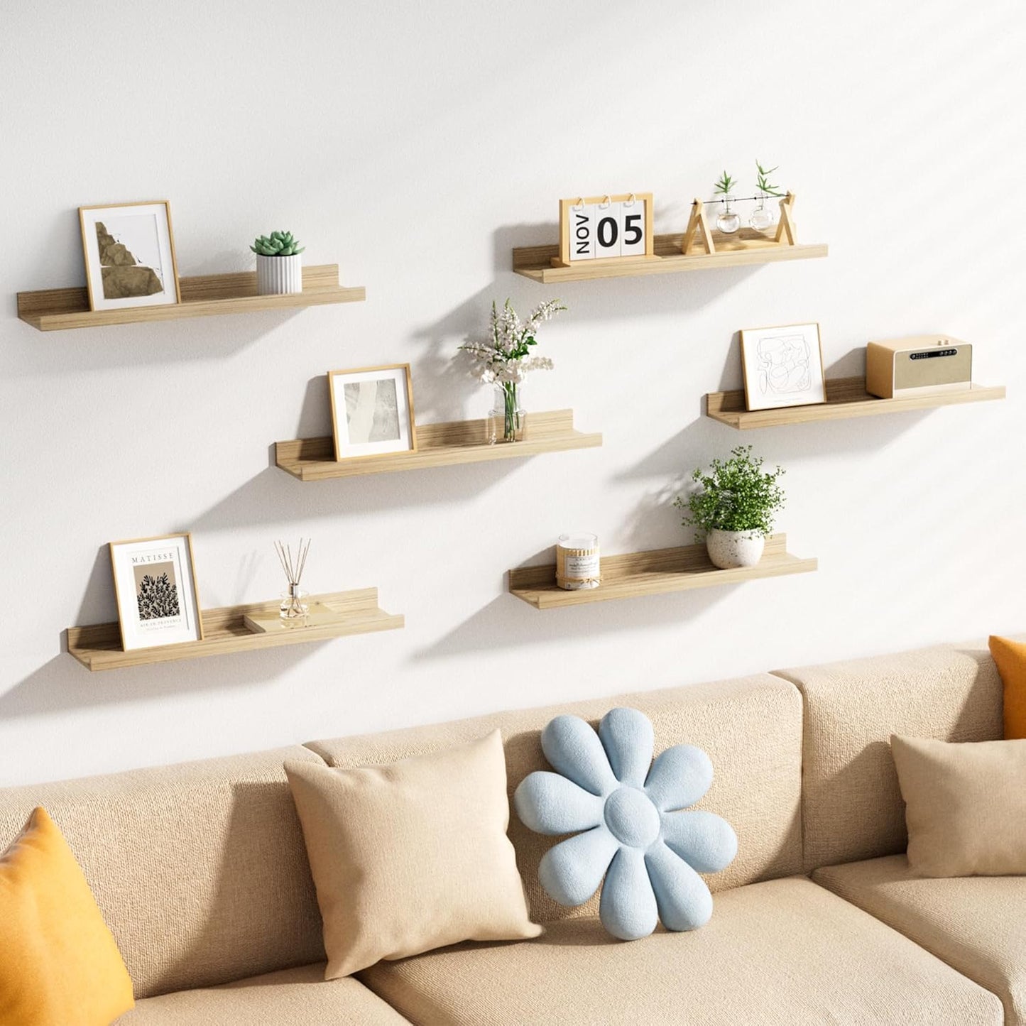 upsimples 6 Pack Wooden Floating Shelves, Wall Storage Decor Shelf for Bathroom, Bedroom, Living Room, Kitchen, Office and Laundry Room, Wall Mounted Display Hanging Shelf, Brown