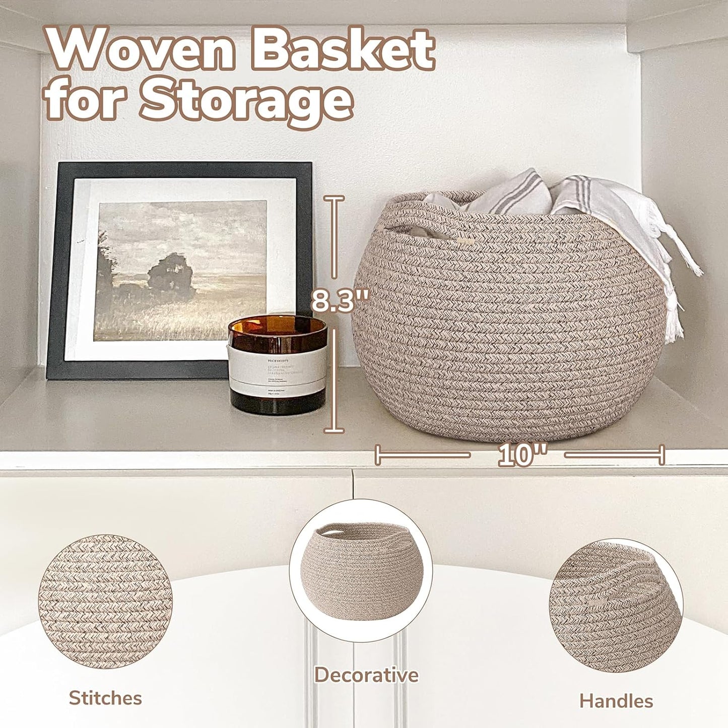Goodpick Wicker Storage Basket for Living Room, Small Round Woven Basket for Toys, Towel, Bedroom, Children Corner Decoration Plant Baskets Indoor, Jute, 10"D x 8.3"H