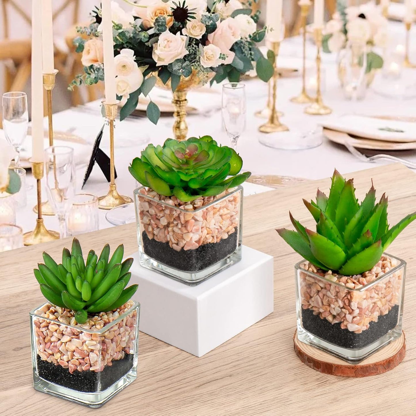 Briful Mini Fake Plants 4 Packs Succuletns Artificial Potted Plants in Cube Glass Vase Faux Succulents for Bathroom Living Room Kitchen Shelf Table Decor