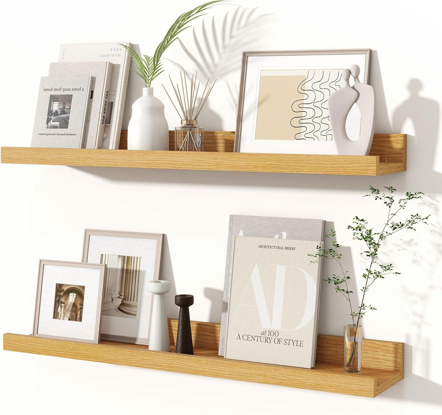 Fun Memories Picture Ledge Shelves Set of 2, 32 Inch Rustic Wall Mounted Floating Shelves with Lip for Home Storage and Décor in Bathroom, Kitchen, Nursery, Bedroom, Living Room, Walnut