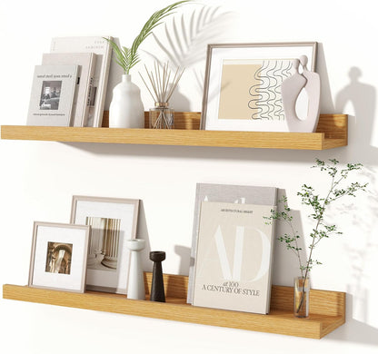 Fun Memories Picture Ledge Shelves Set of 2, 32 Inch Rustic Wall Mounted Floating Shelves with Lip for Home Storage and Décor in Bathroom, Kitchen, Nursery, Bedroom, Living Room, Walnut