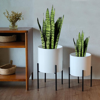 ARNIS Modern Plant Pots, Set of 2 Large Planters with Stand, Decorative Planters, Metal Pots with Drainage Holes for Living Room, Office, Garden or Balcony, 8.25 &10.5 Inch, Dirt
