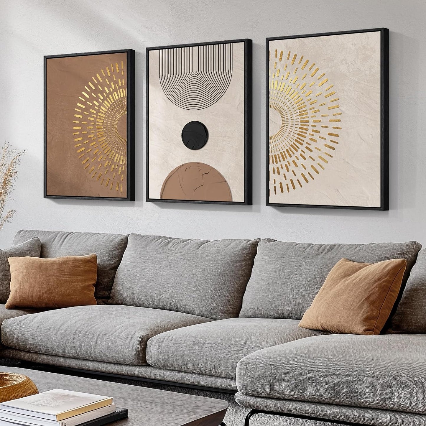 Large Framed Neutral Abstract Wall Art for Living Room, 3 Piece Modern Canvas Prints Paintings Artwork for Walls, Black and Beige Pictures for Living Room Hallway Stair Office Wall Decor 24x36 Inch