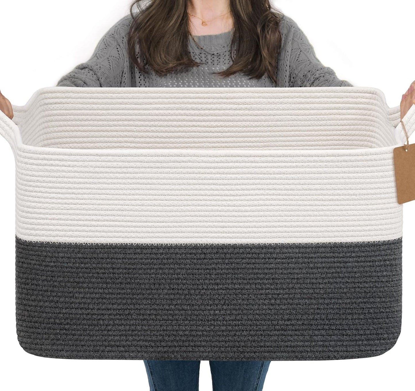 Goodpick Woven Storage Basket, Cotton Rope Basket for Dog Toys, Books, Stylish Gift Basket with Handles, 13 x 10 x 9 Inches Square Baskets for Organizing, Brown and White