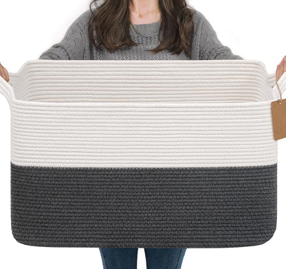 Goodpick Woven Storage Basket, Cotton Rope Basket for Dog Toys, Books, Stylish Gift Basket with Handles, 13 x 10 x 9 Inches Square Baskets for Organizing, Brown and White