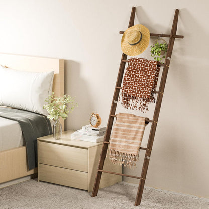 Farmhouse Wooden Blanket Ladder with Removable Hooks, 6-Tier Rustic Blanket Rack Decorative Stand, Leaning Towel Quilt Rack Holder for Bathroom Living Room Decor Brown