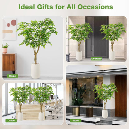 5FT Artificial Ficus Tree with White Planter and Pebbles,Faux Silk Tree with Lifelike Leaves and Realistic Trunk,Tall Fake Potted Plant for Home and Office Décor Indoor and Outdoor (5FT)