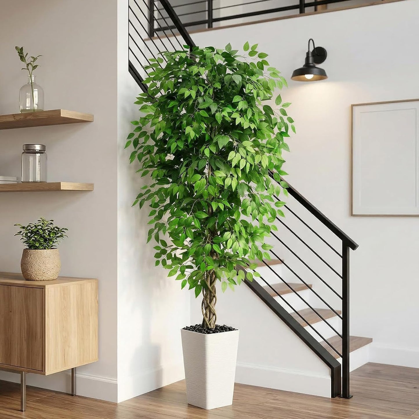 Artificial Ficus Tree 6FT Faux Plants Indoor Tall Fake Plants with White Planter, Green Lifelike Lush Fake Ficus Tree for Home Living Room Bedroom Outdoor Balcony House Office Decor