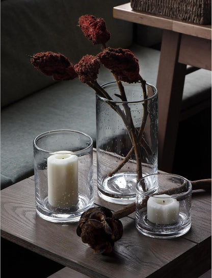 Hurricane Candle Holders for Pillar Hand Blown Glass Cylinder Vases Table Centerpiece Bulk Room Decor Clear Seeded Bubbles Living Dining Kitchen Island 10" 7" 4" Set of 3