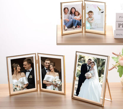 Gold 6x8'' Floating Photo Frame 2 Pack, Beaded Metal Frame Fits 3.5x5'', 4x6'' & 5x7'' Pictures, Adjustable Tabletop & Shelf Display, Elegant Wedding Gift for Home Decor