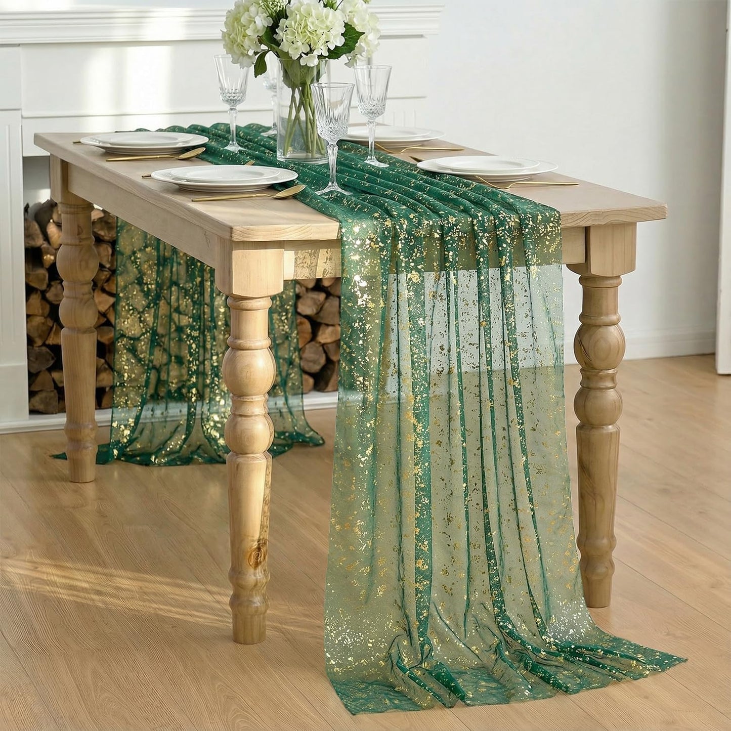 Artoid Mode Beige Gold Gauze Table Runner 120 Inch 10FT, Glitter Metallic Foil Sheer Dining Wedding Anniversary Holiday Birthday Table Decor for Home Party
