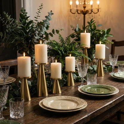 Gold Iron Plate Candle Holder Set of 3-4 & 4.7 & 6.4 Inch Tall, Decorative Iron Pillar Candle Plate, Elegant Candle Stand for LED & Wax Candles, Incense Cones, Spa, Weddings (Candles Not Including)