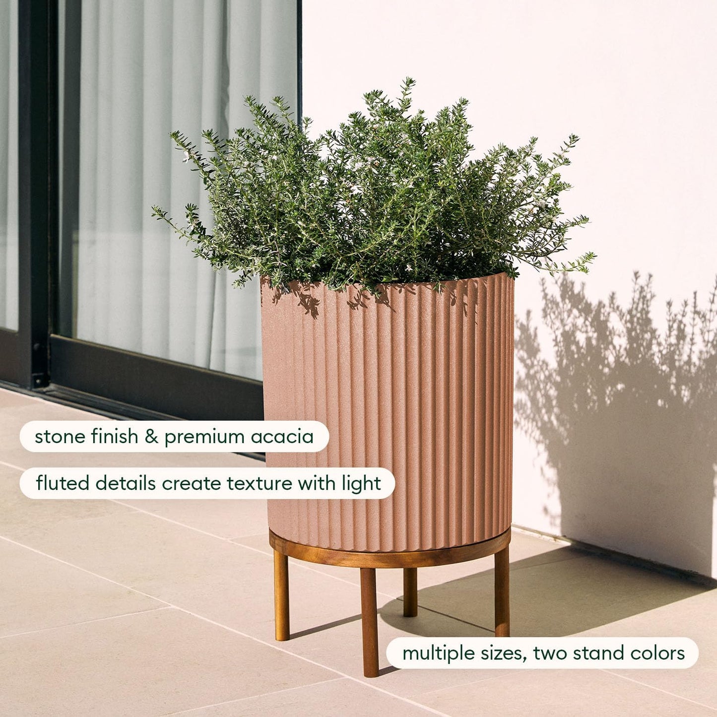 Veradek Demi Series Round Planter w/ Stand for Porch/Patio | Durable Plastic-Concrete & Wooden Stand | Modern Décor for Tall Plants, Flowers