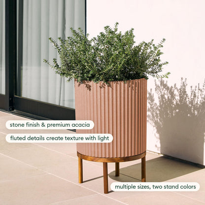 Veradek Demi Series Round Planter w/ Stand for Porch/Patio | Durable Plastic-Concrete & Wooden Stand | Modern Décor for Tall Plants, Flowers