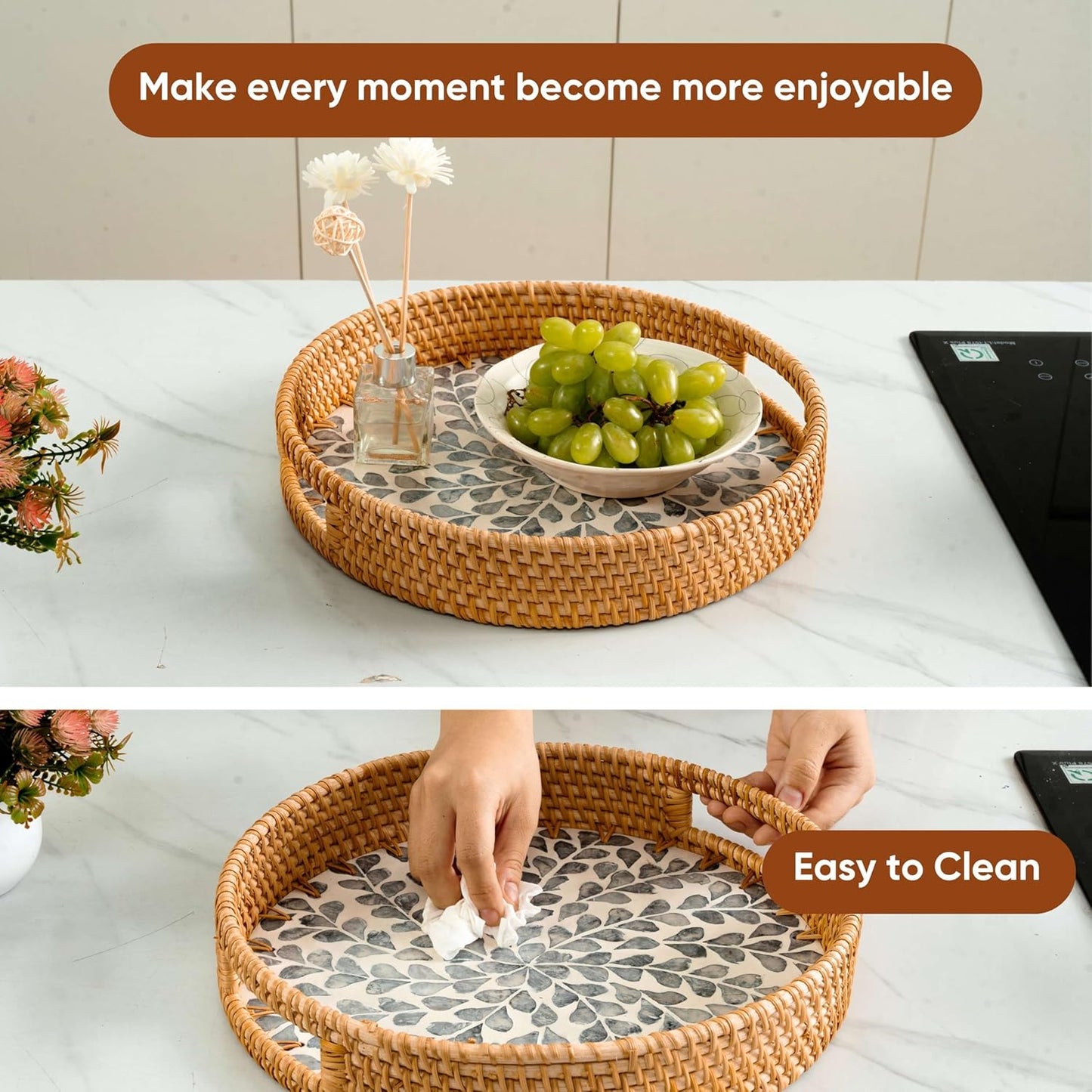 KOLWOVEN Round Rattan Tray with Handle, Rattan Serving Tray with Mother of Pearl Inlay Wooden Base, Decorative Wicker Basket for Table Decor (Blue Leaves)