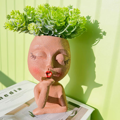 Handmade Face Flower Pots Standing Air Kiss Head Planter Pot for Trailing Plants Cute Succulent Planter Resin Planters Funny Face Planters with Anti-Friction Pads White 1Pack