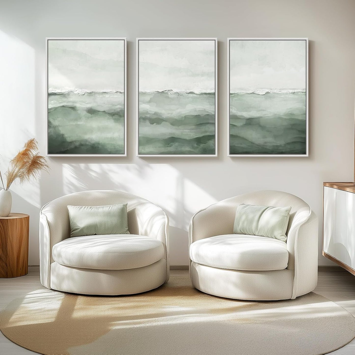 Large Framed Abstract Nature Landscape Wall Art for Living Room, Set of 3 Modern Canvas Prints Paintings Artwork for Walls, Green Lake Pictures for Hallway, Dining Room, Office Wall Decor 24x36 Inch