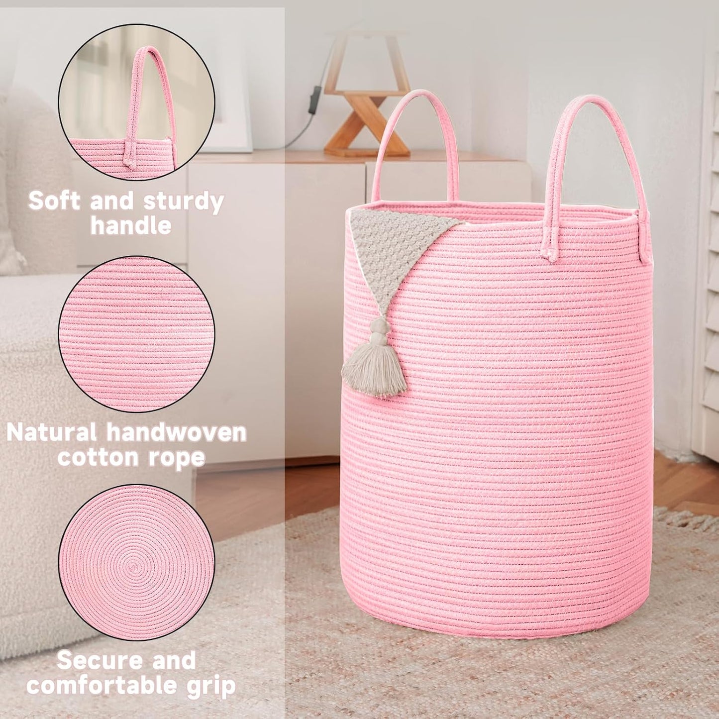 JMvicyroam Large Woven Laundry Basket Hamper,60L Cotton Rope Storage Bin for Blankets,Toys and Clothes,Decorative Tall Nursery Hamper for Living Room,Baby Nursery,Bathroom and Bedroom,Brown