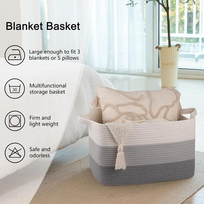 OIAHOMY Large Blanket Basket, 22”x17”x12” Rectangle Woven Baskets, Nursery Blanket Storage Living Room, Toy Storage With Handle, Large Baskets for Organizing-Gradient Yellow