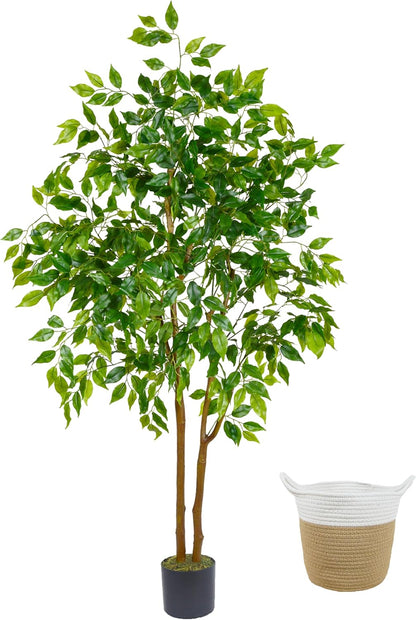 Warmplants Artificial Ficus Tree, 7ft Silk Fake Ficus Leaves Plant with Basket, Indoor Outdoor Faux Green Tree for Home Garden Office House Livingroom Décor