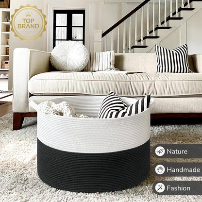 INDRESSME XXXLarge Blanket Basket for Living Room 21.7" x 21.7" x 13.8"-Storage Basket with Handle for Organizing Toy Pillows Woven Cotton Rope Laundry Basket Stuffed Animal Toy Storage for Play Room