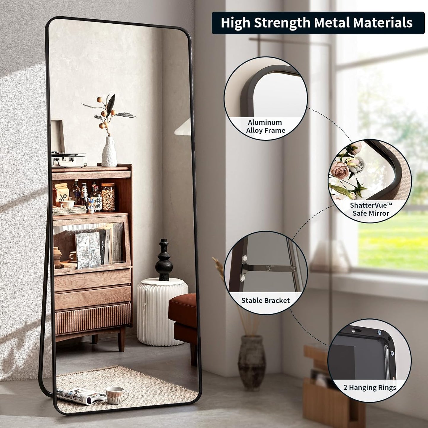XRAMFY 56"x21" Floor Full Length Mirror Standing Full Body Rounded Corner Rectangle Mirrors with Stand Hanging Wall Mounted Leaning Bedroom Living Room Bedroom Cloakroom,Gold