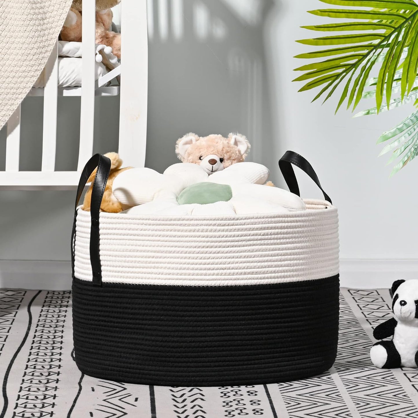 KAKAMAY Large Blanket Basket (20"x13"),Woven Baskets for storage Baby Laundry Hamper, Cotton Rope Blanket Basket for Living Room, Laundry, Nursery, Pillows, Baby Toy chest (White/Brown)