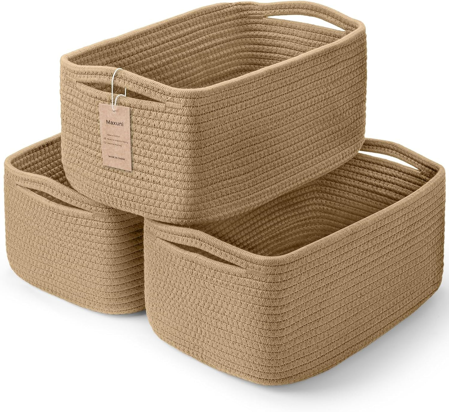 3-Pack Small Storage Baskets for Organizing | Woven Shelf Toy Basket | Rope Baskets for Gifts Empty | Closet Organizer Bins with Handles | Cube Decorative Box | 11.8×7.8×5.1” | Mixed brown
