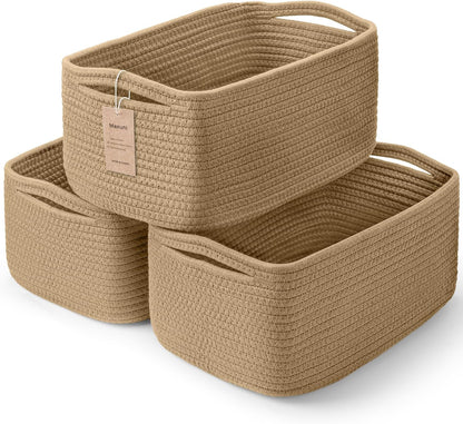 3-Pack Small Storage Baskets for Organizing | Woven Shelf Toy Basket | Rope Baskets for Gifts Empty | Closet Organizer Bins with Handles | Cube Decorative Box | 11.8×7.8×5.1” | Mixed brown