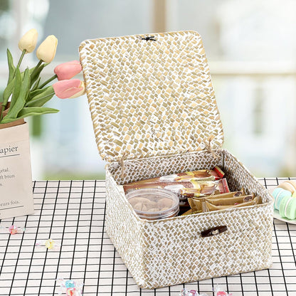 Hipiwe Seagrass Basket with Lid Wicker Storage Basket Square Handwoven Decorative Baskets Box for Shelf Multipurpose Household Baskets Home Decor,X-small