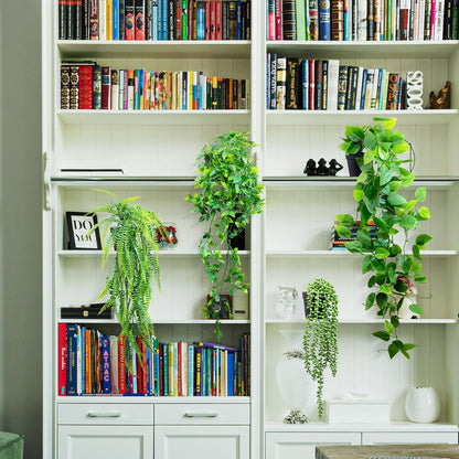 LOYWREE Fake Plants Indoor Artificial String of Pearls Plant in Black Pots, Realistic Green Faux Succulent Hanging Plants for Shelf Decor Desk Home Garden Decorations