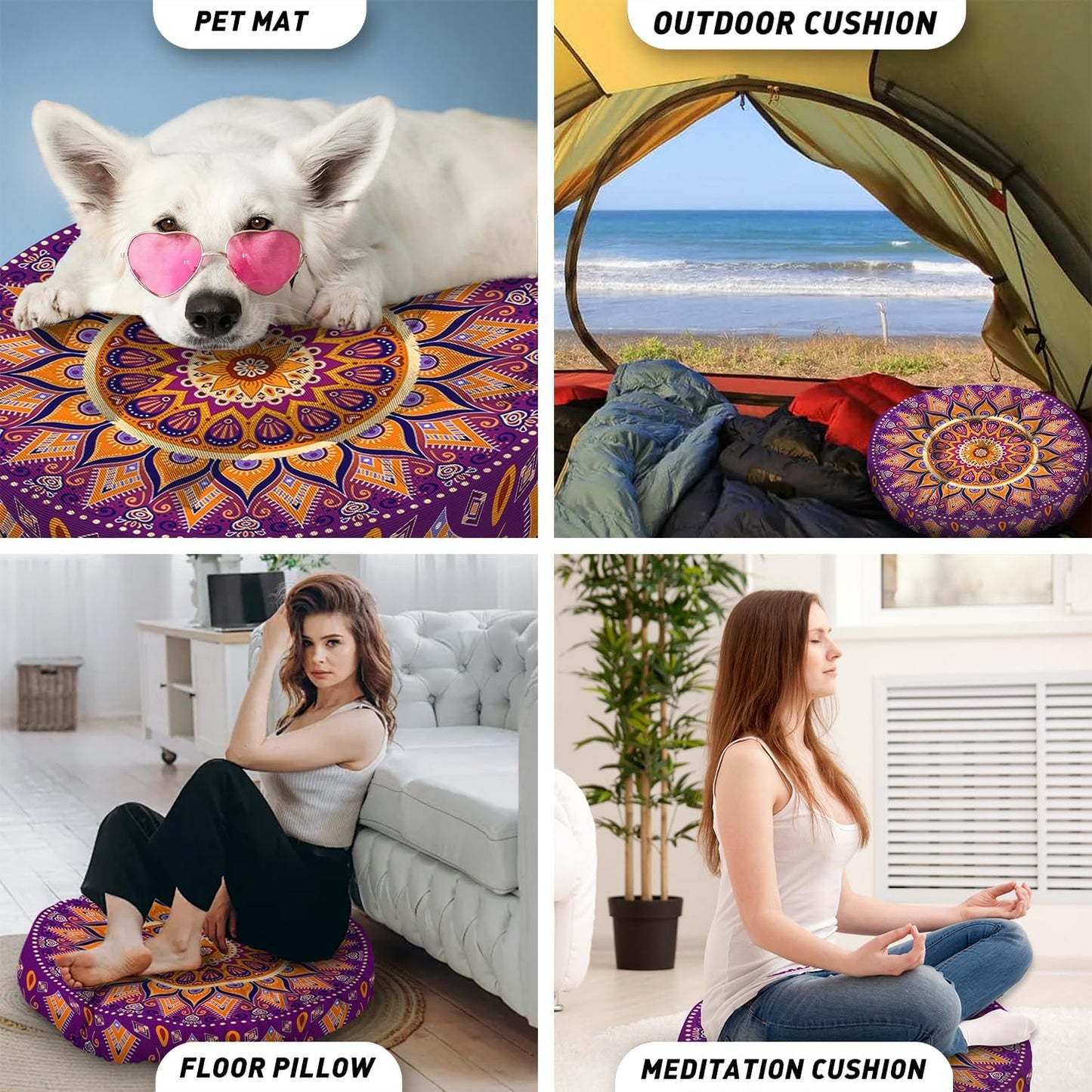 Mandala Meditation Cushion, Boho Meditation Mat, Meditation Pillows for Sitting on Floor, Cushions for Sitting in Home and Outdoor, Square Floor Pillow Cushion Seating for Yoga Accessories 22'' X 22''