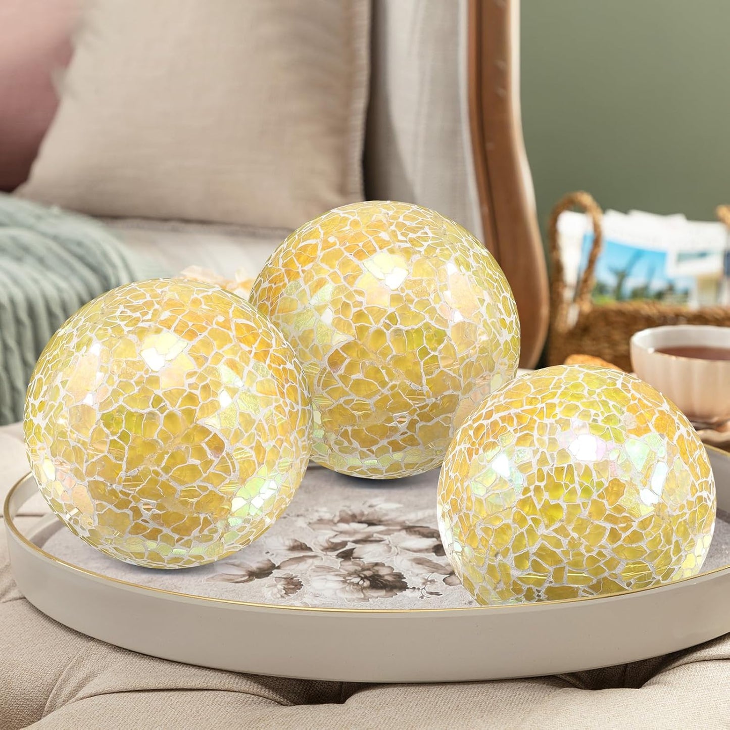 3Pcs Mosaic Glass Orbs Decorative Balls Set 8.5cm/3.35inch Blue Sphere Wedding Party Home Decor Table Centerpiece