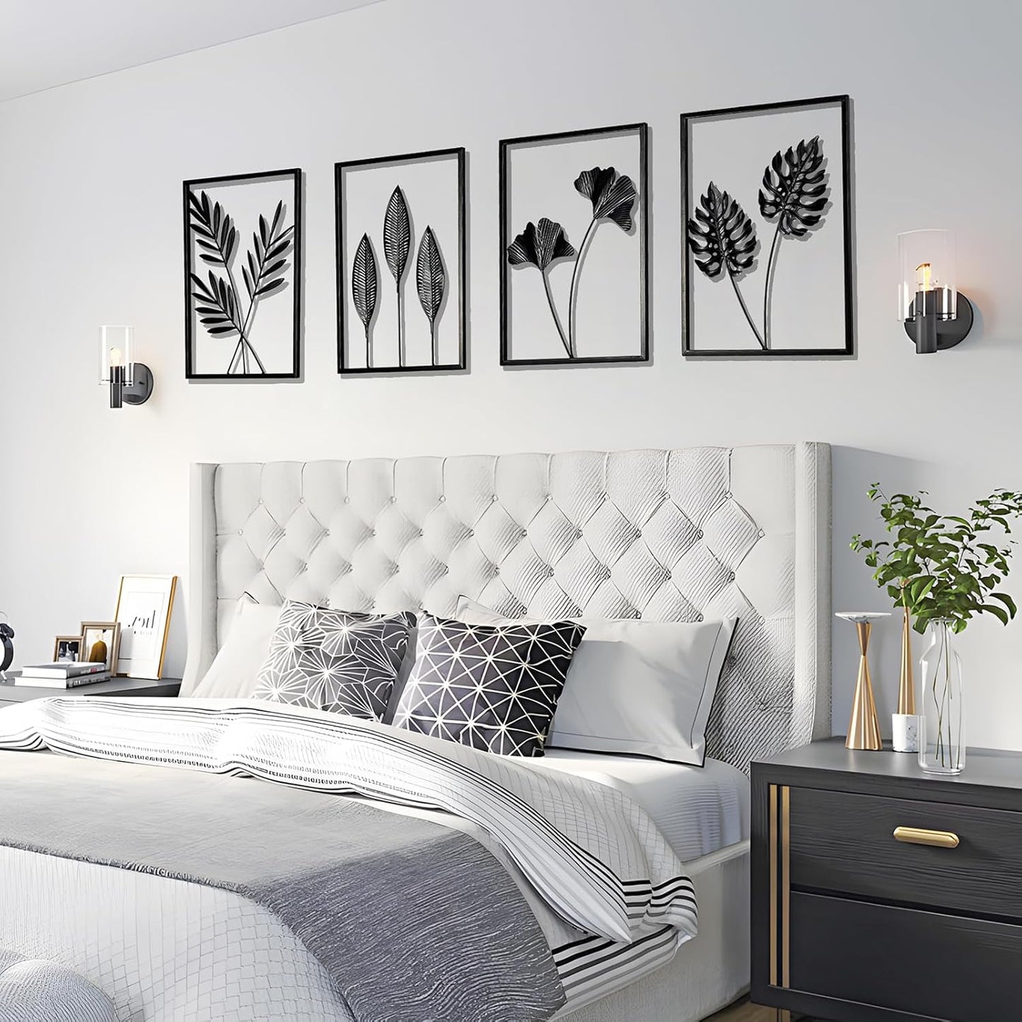 QXSXKJ Black Metal Wall Decor Framed, 3d Modern Metal Wall Art with Light, Minimalist Abstract Black Line Art DéCor, 4 Piece Home Art for Living Room Bedroom Bathroom