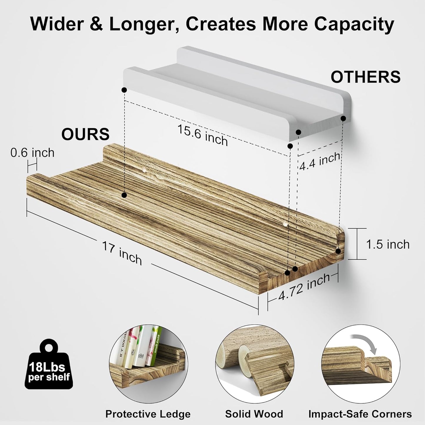 Love-KANKEI Floating Shelves Wall Mounted Set of 2, 17 Inch Rustic Wood Wall Shelves for Storage, Bedroom Living Room Bathroom Kitchen Office and More White