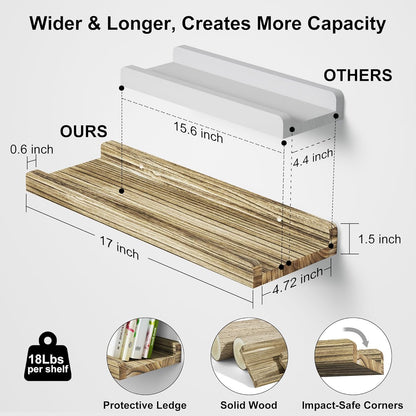 Love-KANKEI Floating Shelves Wall Mounted Set of 2, 17 Inch Rustic Wood Wall Shelves for Storage, Bedroom Living Room Bathroom Kitchen Office and More White