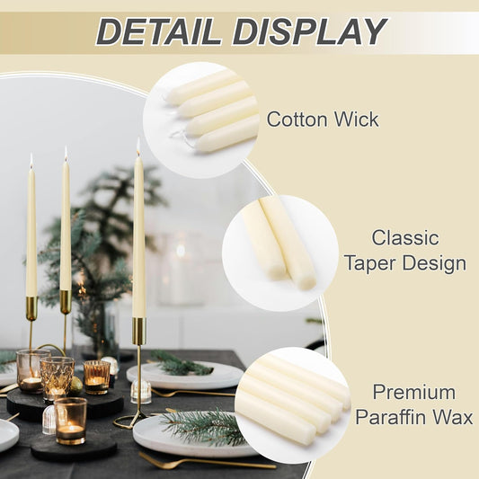 10-Inch Ivory Taper Candles - Dripless Smokeless Tapered Candle Cream Unscented Candlesticks Paraffin Wax Long Slow Burning Tall Candle Sticks for Dinner Business Wedding Restaurants 12 Pack