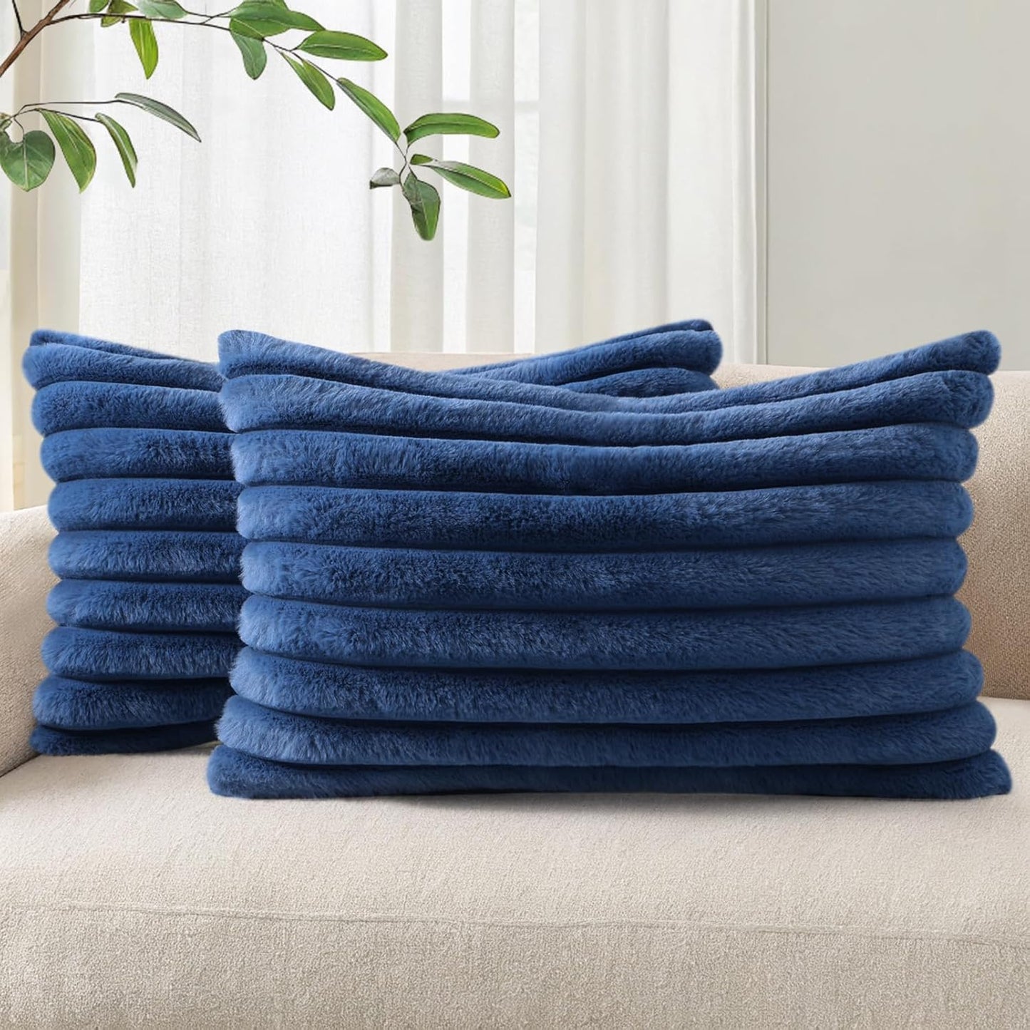 Pallene Faux Fur Plush Throw Pillow Covers 18x18 Set of 2, Luxury Soft Fluffy Striped Decorative Pillow Covers for Sofa, Couch, Living Room, Cream White