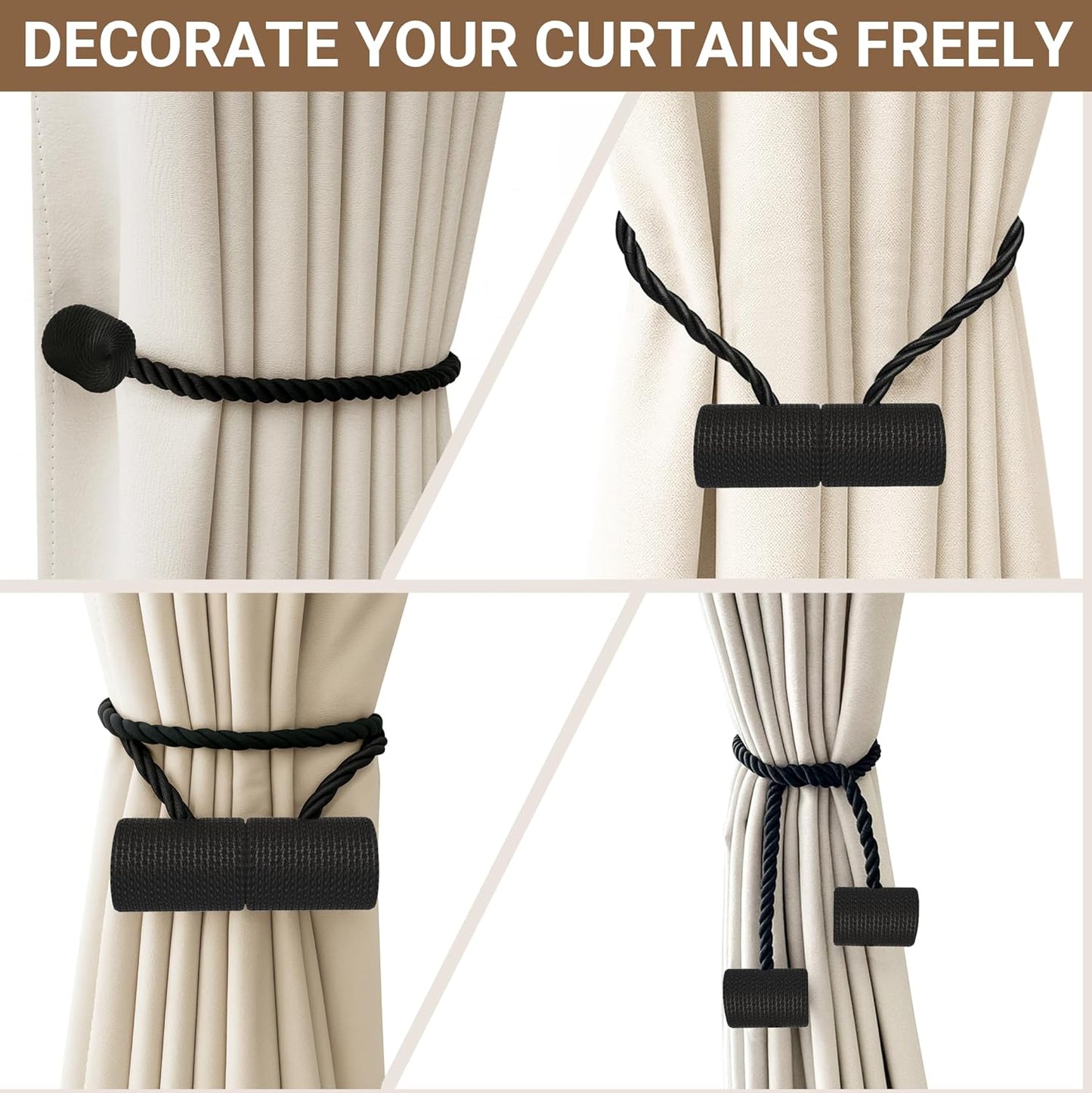 Hion Magnetic Curtain Tiebacks Black 2pcs, Curtain Tiebacks Buckles Holdbacks Holders Hooks Clip for Home Outdoor Bedroom Office Decorative Curtain