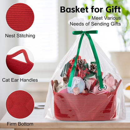 OIAHOMY Woven Basket, Gift Basket Empty with Gift Bags and Ribbons, Rope Baskets for Baby Showers, Storage Baskets with Handles for Nursery, Pet Toy Organizer - White