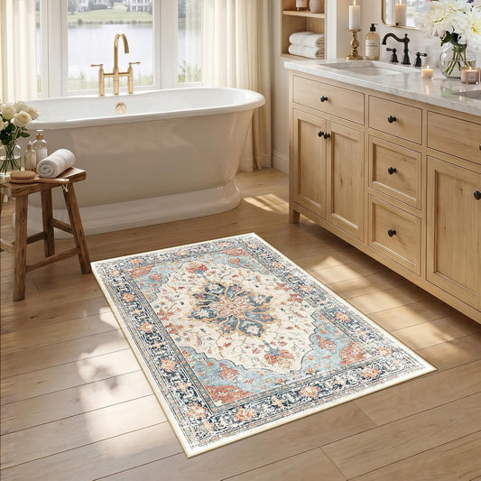 RELEANY Area Rugs Round 6ft Washable Non-Slip, Floral Vintage Distress Print Pattern Medallion Carpet for Living Room Bedroom Dining Room, Brick Red Rust Neutral Brown Burnt Orange Green - Colors A