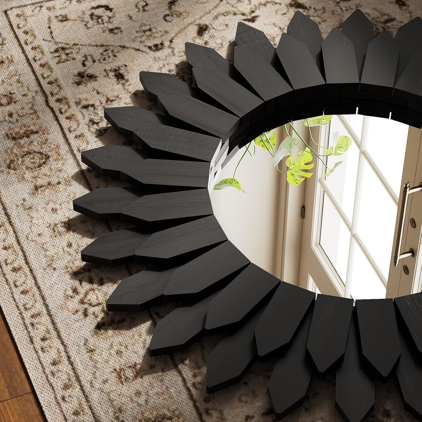 20 Inch Brown Boho Wall Decor Sunburst Mirror - Round Wooden Wall Decor, Handmade Rustic Circular Mirror for Living Room, Bedroom, Entryway, Office