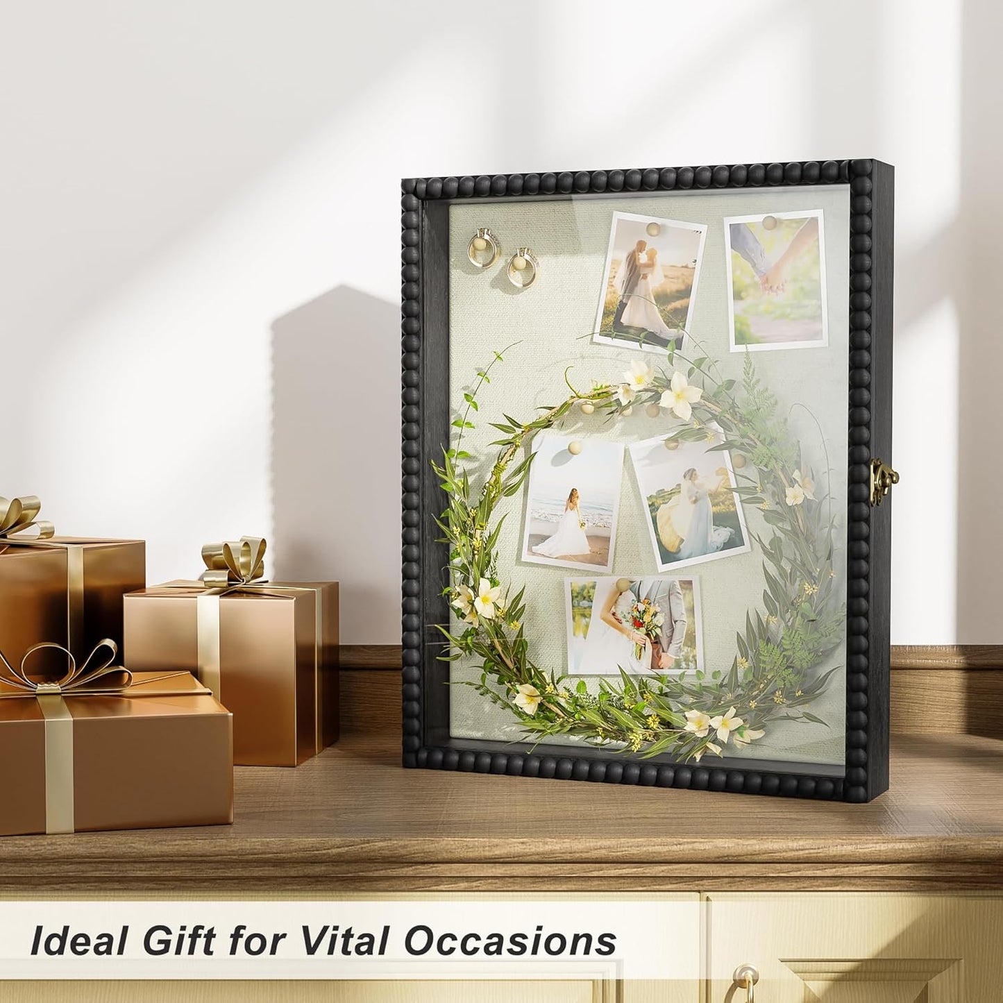 Love-KANKEI Shadow Box Frame 11x14, Deep Large Shadow Box Display Case with Unique Beads Door and Glass Window, Wood Memory Box for Pictures,Medals,Memorabilia,Collections White